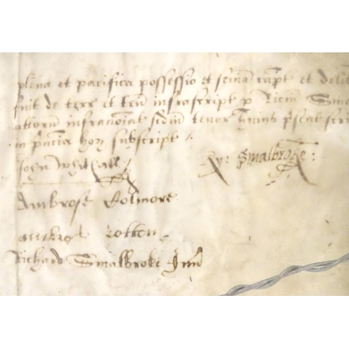 950 - A 16th / 17thC double glazed hand written indenture with seal relating to Birmingham, Thomas Smalbro... 