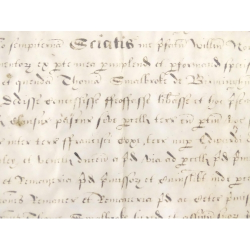 950 - A 16th / 17thC double glazed hand written indenture with seal relating to Birmingham, Thomas Smalbro... 