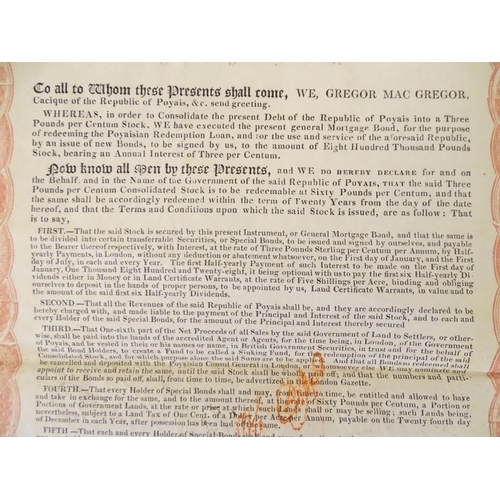 954 - An early 19thC Poyaisian Consolidation bond certificate, signed by fraudster Gregor MacGregor, c. 18... 