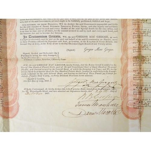 954 - An early 19thC Poyaisian Consolidation bond certificate, signed by fraudster Gregor MacGregor, c. 18... 