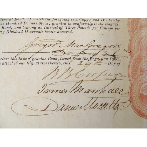 954 - An early 19thC Poyaisian Consolidation bond certificate, signed by fraudster Gregor MacGregor, c. 18... 