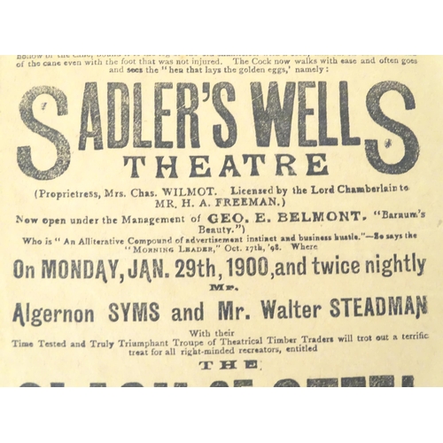 956 - Two early 20thC theatre playbills / advertisements for Sadler's Wells Theatre, 1900, and Drury Lane ... 