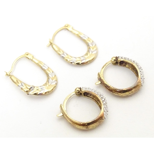 728 - Two pairs of 9ct gold earrings, one pair with chip set diamonds (2)