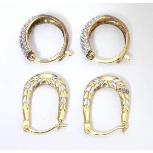 728 - Two pairs of 9ct gold earrings, one pair with chip set diamonds (2)