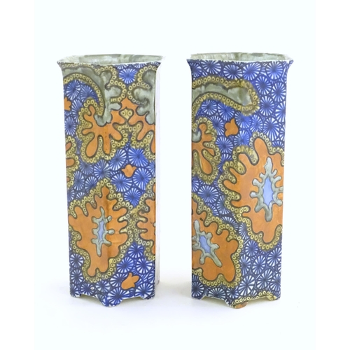 139 - A pair of Art Deco Bursley Ware hexagonal vases in the pattern Benares. Marked under. Approx. 8 1/2