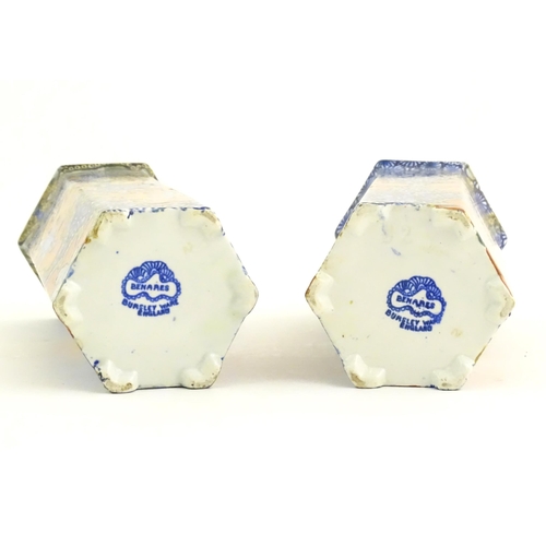 139 - A pair of Art Deco Bursley Ware hexagonal vases in the pattern Benares. Marked under. Approx. 8 1/2