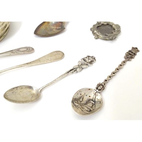 398 - Assorted silver, silver plate and white metal items to include a silver jar lid with embossed angel ... 