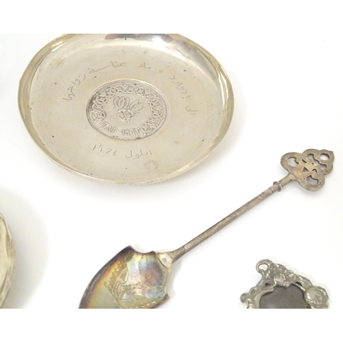 398 - Assorted silver, silver plate and white metal items to include a silver jar lid with embossed angel ... 