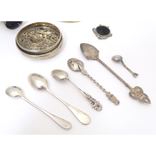 398 - Assorted silver, silver plate and white metal items to include a silver jar lid with embossed angel ... 