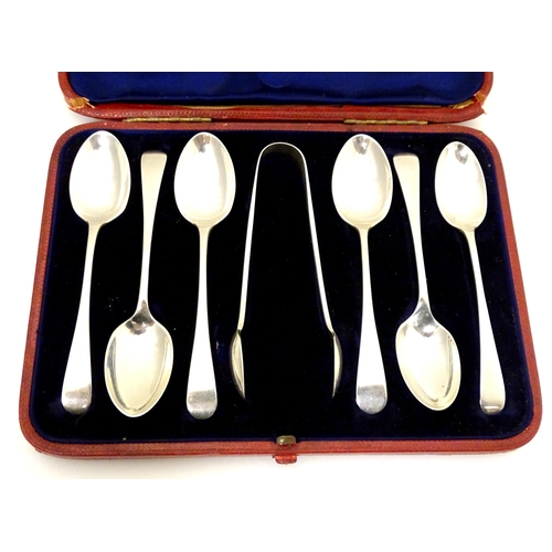 405 - Six Victorian silver teaspoons with sugar tongs en suite, the spoons hallmarked Sheffield 1892, suga... 