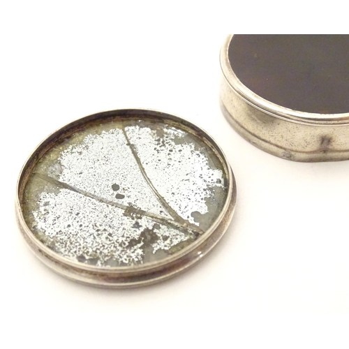 515 - A 19thC white metal and tortoiseshell pill box with pique work and mother of pearl inlay to top. App... 