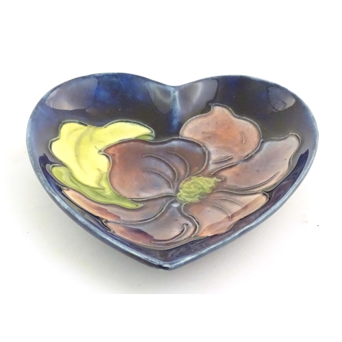 152 - A Moorcroft dish of heart form decorated in the Clematis pattern. Marked under. Approx. 5