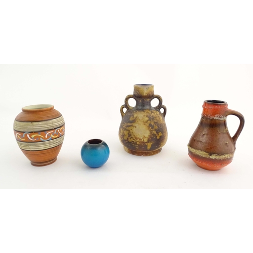 199 - Four West German vases to include a vase with banded decoration, a twin handled vase, a single handl... 