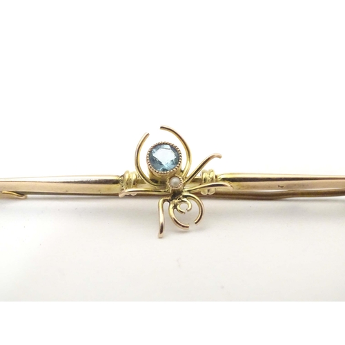 647 - A 9ct gold bar brooch set with spider to centre having a blue stone body 2 1/2