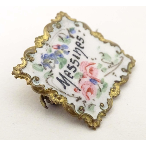 682 - A gilt metal brooch of square form with enamel floral decoration and titled Messines. Approx. 1