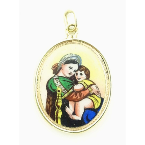 694 - A Continental gold pendant with enamel decoration depicting Madonna and Child with Hungarian script ... 