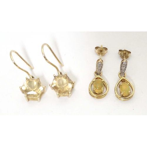 701 - 9ct gold drop earrings, to include one pair set with cabochon and chip set diamond, the other with f... 