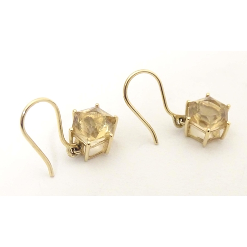 701 - 9ct gold drop earrings, to include one pair set with cabochon and chip set diamond, the other with f... 