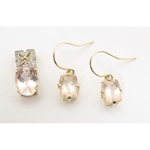 708 - A 9ct gold pendant set with morganite stone and chip set diamonds. Together with a pair of 9ct gold ... 