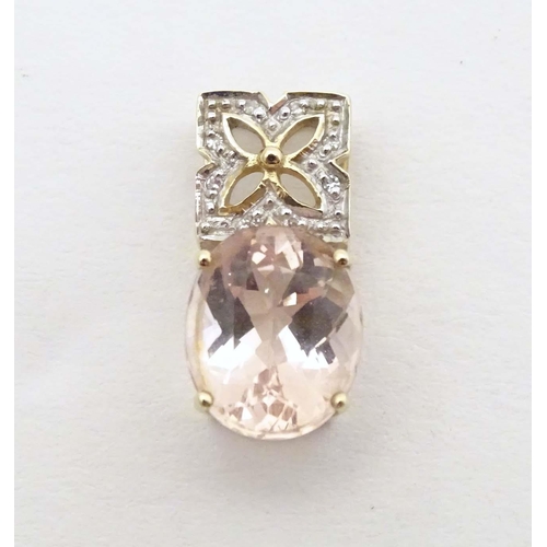 708 - A 9ct gold pendant set with morganite stone and chip set diamonds. Together with a pair of 9ct gold ... 