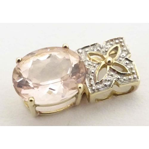 708 - A 9ct gold pendant set with morganite stone and chip set diamonds. Together with a pair of 9ct gold ... 