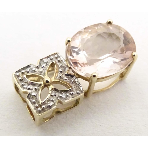 708 - A 9ct gold pendant set with morganite stone and chip set diamonds. Together with a pair of 9ct gold ... 