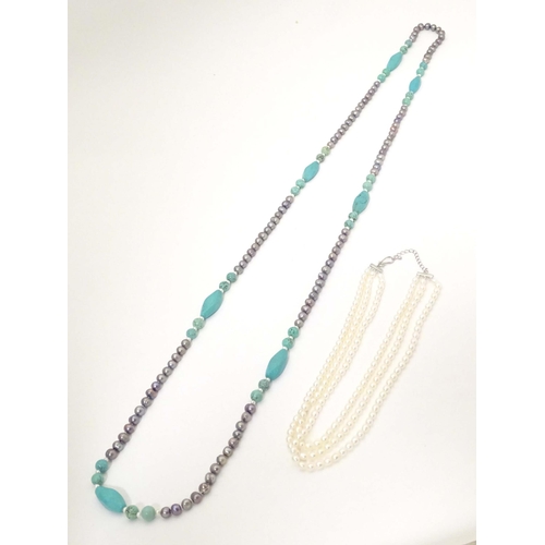 752 - Two necklaces, one set with pearl and turquoise beads. The longest approx. 56