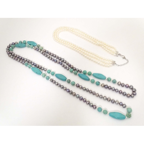 752 - Two necklaces, one set with pearl and turquoise beads. The longest approx. 56