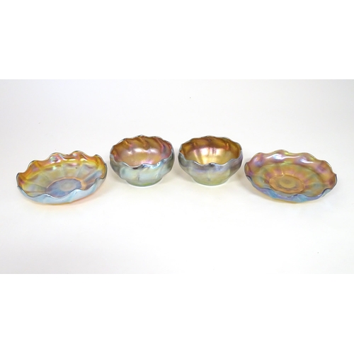 1000 - Tiffany Glass : Two Louis Comfort Tiffany Favrile glass finger bowls and stands. Signed under 'L.C.T... 