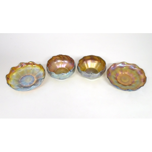 1000 - Tiffany Glass : Two Louis Comfort Tiffany Favrile glass finger bowls and stands. Signed under 'L.C.T... 