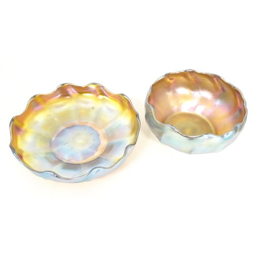 1000 - Tiffany Glass : Two Louis Comfort Tiffany Favrile glass finger bowls and stands. Signed under 'L.C.T... 