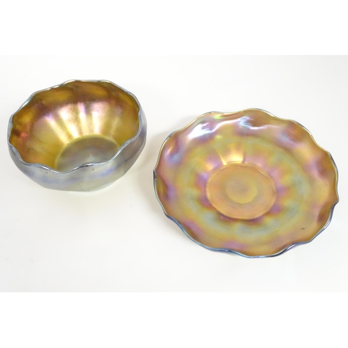 1000 - Tiffany Glass : Two Louis Comfort Tiffany Favrile glass finger bowls and stands. Signed under 'L.C.T... 