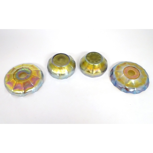 1000 - Tiffany Glass : Two Louis Comfort Tiffany Favrile glass finger bowls and stands. Signed under 'L.C.T... 