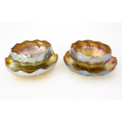 1000 - Tiffany Glass : Two Louis Comfort Tiffany Favrile glass finger bowls and stands. Signed under 'L.C.T... 