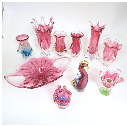 287 - Assorted studio glass to include vases, dish etc. 
Largest vase approx. 13 1/4