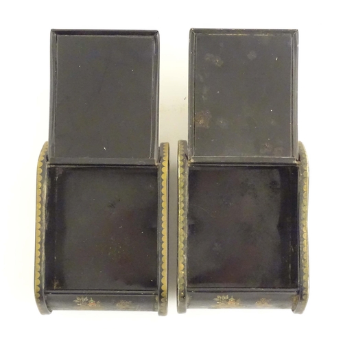 1059 - Two 20thC lacquered boxes with hinged lids decorated with chinoiserie decoration with pagodas in lan... 