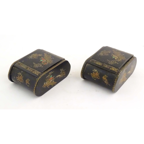 1059 - Two 20thC lacquered boxes with hinged lids decorated with chinoiserie decoration with pagodas in lan... 