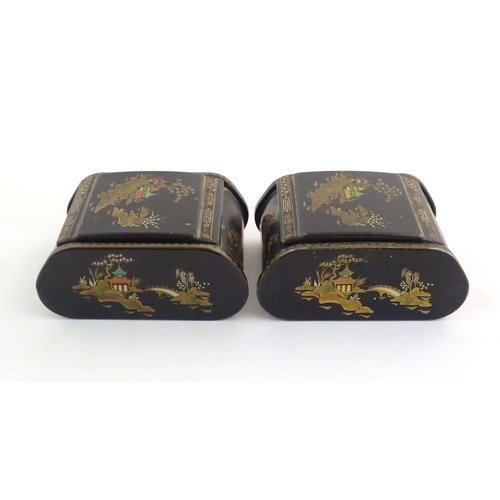 1059 - Two 20thC lacquered boxes with hinged lids decorated with chinoiserie decoration with pagodas in lan... 