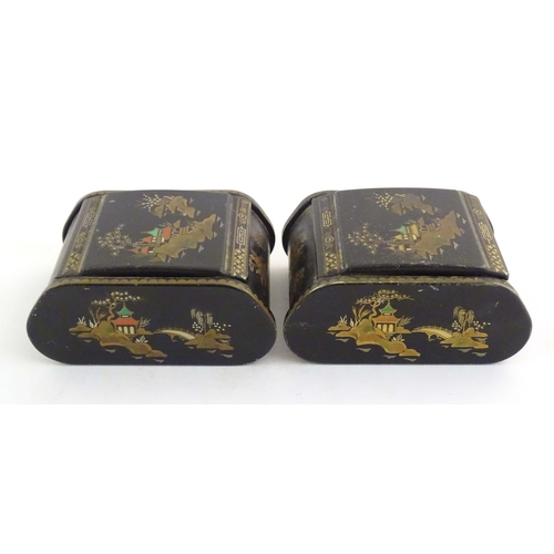 1059 - Two 20thC lacquered boxes with hinged lids decorated with chinoiserie decoration with pagodas in lan... 