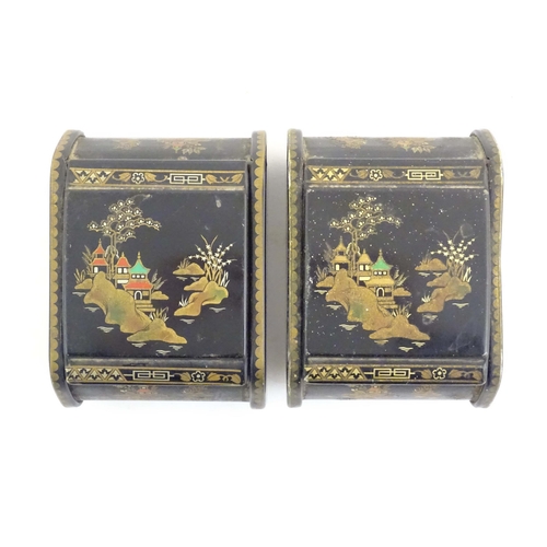 1059 - Two 20thC lacquered boxes with hinged lids decorated with chinoiserie decoration with pagodas in lan... 