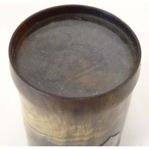 1260 - A Victorian horn beaker of tapering form with silver mount hallmarked London 1868. Approx. 4 1/2