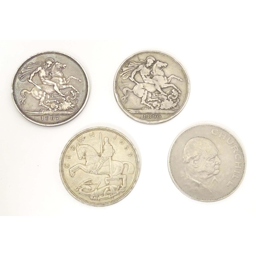 796 - Coins: Four various crowns, two Victorian 1887, 1890 crowns, a Geo V 1935 crown and an Elizabeth II ... 