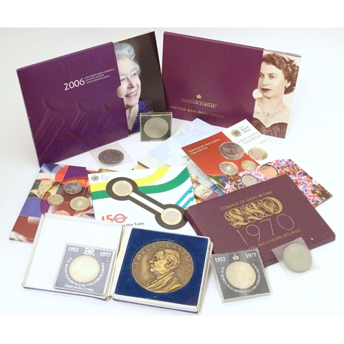 797 - Coins: A quantity of proof coin sets to include 1977 silver jubilee crowns, one labelled Tristan Dac... 