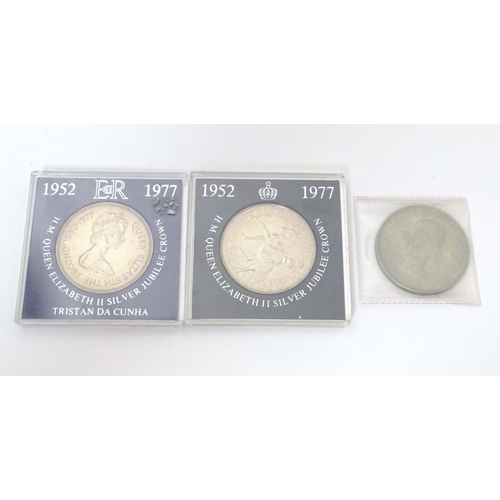 797 - Coins: A quantity of proof coin sets to include 1977 silver jubilee crowns, one labelled Tristan Dac... 