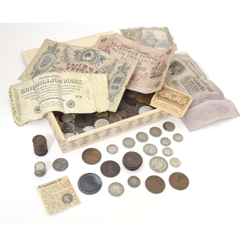 798 - Coins: Assorted 19thC and later English and Foreign coins, tokens, etc. to include an 1838 four penc... 