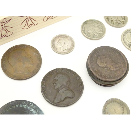 798 - Coins: Assorted 19thC and later English and Foreign coins, tokens, etc. to include an 1838 four penc... 