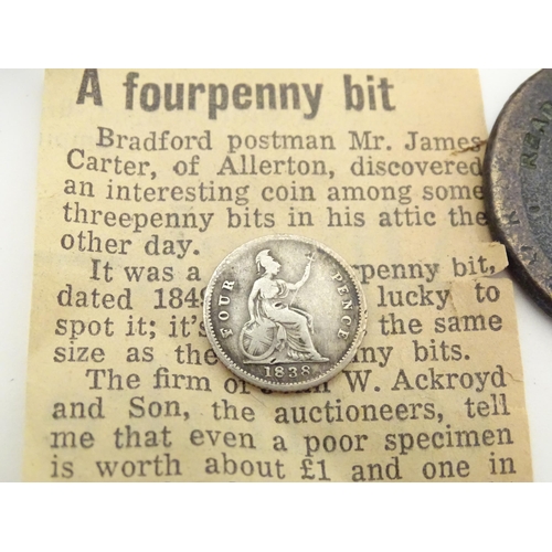 798 - Coins: Assorted 19thC and later English and Foreign coins, tokens, etc. to include an 1838 four penc... 