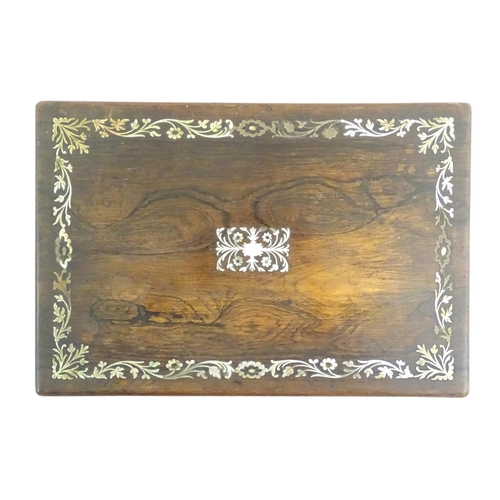 1065 - A Victorian rosewood writing slope with inlaid floral and foliate decoration and twin brass campaign... 