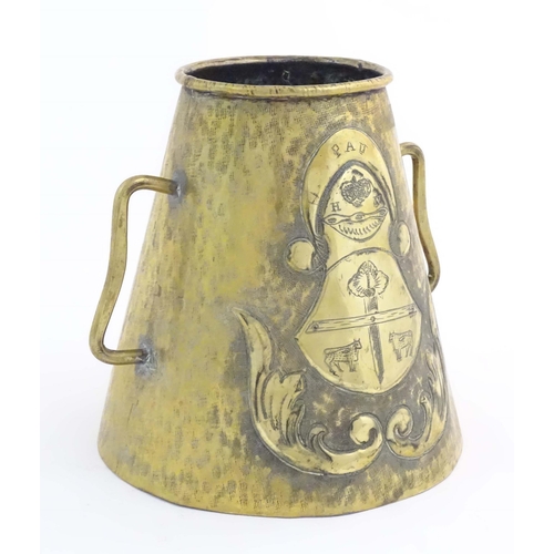 1101 - An early 20thC Basque Mugaritz brass milk pail, decorated with the municipal arms of Pau (Pyranees A... 