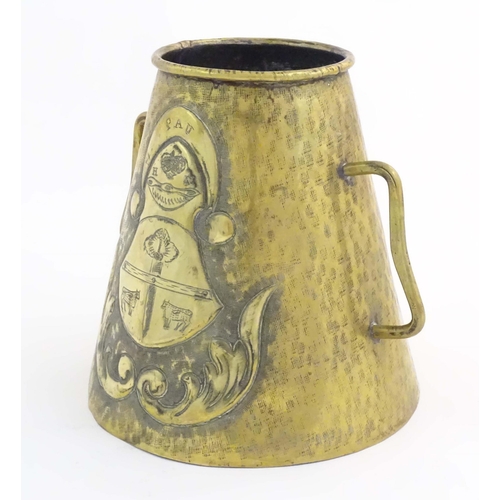 1101 - An early 20thC Basque Mugaritz brass milk pail, decorated with the municipal arms of Pau (Pyranees A... 